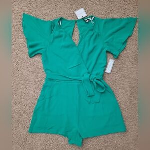 Elegant Green Women's Romper With Tie Waist
